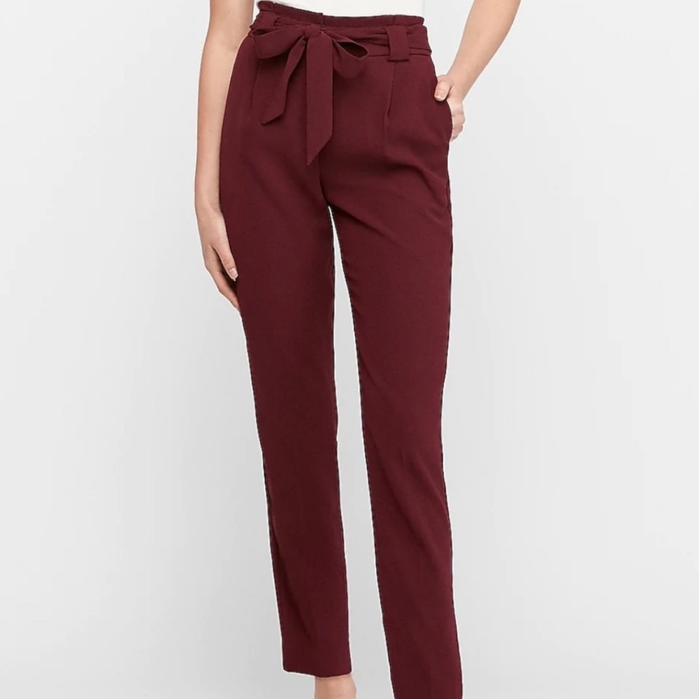 NWOT Express Paper Bag Tie Waist Burgundy High Rise Ankle Pants